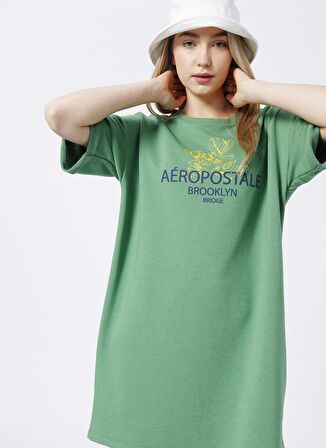 Aeropostale Çimen Kadın Bisiklet Yaka Diz Üstü Oversize Baskılı Ev Elbisesi K-POLONYA