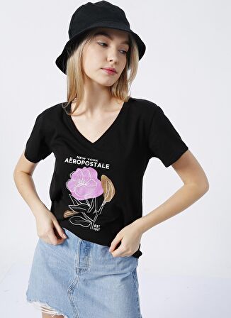 Aeropostale V Yaka Baskılı Siyah Kadın T-Shirt K-