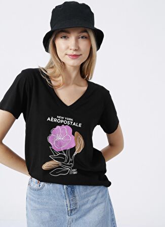 Aeropostale V Yaka Baskılı Siyah Kadın T-Shirt K-