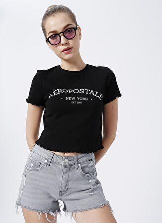 Aeropostale Bisiklet Yaka Baskılı Siyah Kadın T-Shirt K-KROP