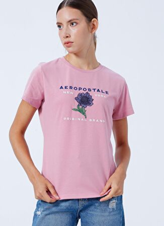 Aeropostale Bisiklet Yaka Nakışlı Pembe Kadın T-Shirt K-5920