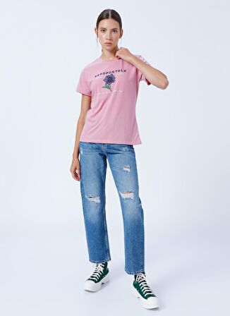 Aeropostale Bisiklet Yaka Nakışlı Pembe Kadın T-Shirt K-5920