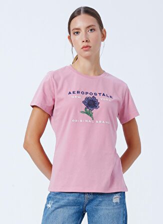 Aeropostale Bisiklet Yaka Nakışlı Pembe Kadın T-Shirt K-5920