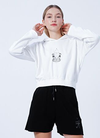 BLACK ON BLACK X AAE Kapüşon Yaka Baskılı Beyaz Kadın Sweatshırt K-BONITA