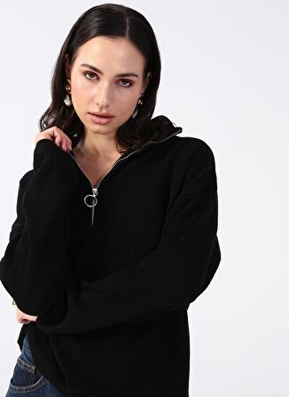 Fabrika Fermuarlı Yaka Geniş Fit Düz Siyah Kazak Kadın KATTEN