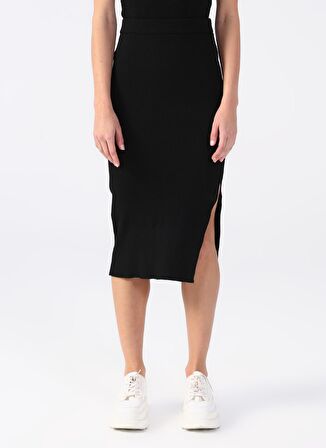 Lastikli Bel Siyah Kadın Düz Midi Etek K-ALDORA