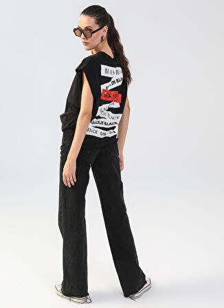 Black On Black Bisiklet Yaka Baskılı Siyah Kadın T-Shirt K-FABI