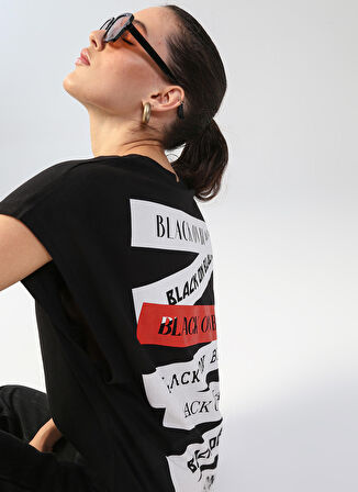 Black On Black Bisiklet Yaka Baskılı Siyah Kadın T-Shirt K-FABI