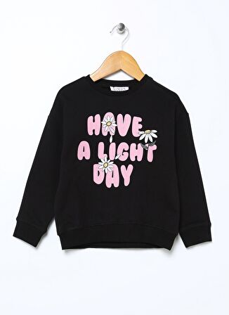 Limon Siyah Kız Çocuk Bisiklet Yaka Düşük Omuz Baskılı Sweatshirt ENJOY GIRL