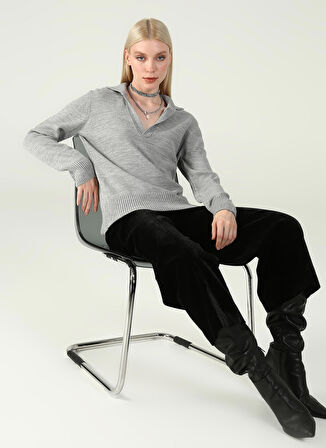 Fabrika Polo Yaka Basic Düz Gri Melanj Kadın Kazak MORLEY