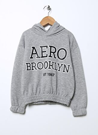 Aeropostale Gri Melanj Kız Çocuk Kapüşonlu Düşük Omuz Baskılı Sweatshirt 22WAG06