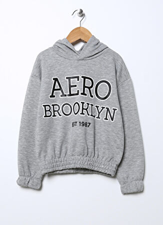 Aeropostale Gri Melanj Kız Çocuk Kapüşonlu Düşük Omuz Baskılı Sweatshirt 22WAG06