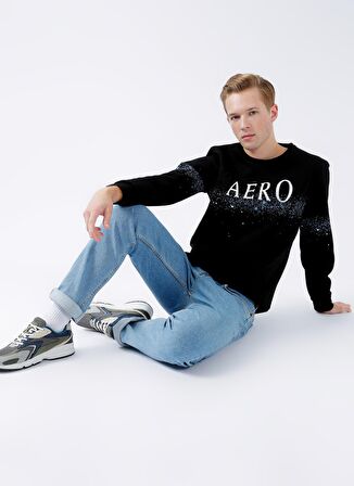 Aeropostale Bisiklet Yaka Standart Kalıp Baskılı Siyah Erkek Şardonlu Sweatshirt E-HERO