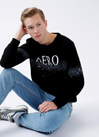 Aeropostale Bisiklet Yaka Standart Kalıp Baskılı Siyah Erkek Şardonlu Sweatshirt E-HERO