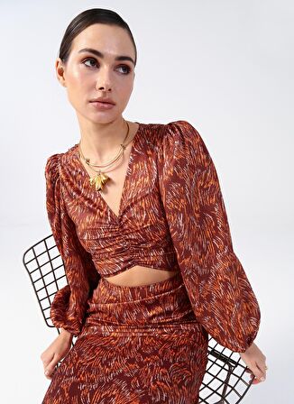 Fabrika Kiremit Kadın V Yaka Uzun Kollu Midi Basic Desenli Büzgülü Elbise YMN-8