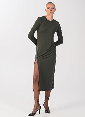 People By Fabrika Bisiklet Yaka Düz Haki Maksi Kadın Elbise ELBFW22-41