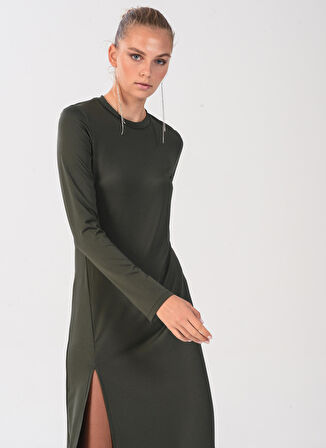 People By Fabrika Bisiklet Yaka Düz Haki Maksi Kadın Elbise ELBFW22-41