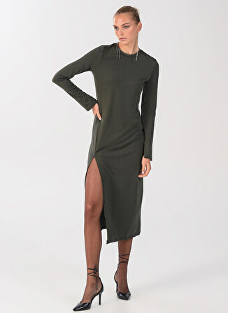 People By Fabrika Bisiklet Yaka Düz Haki Maksi Kadın Elbise ELBFW22-41