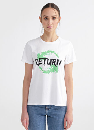 Fabrika Bisiklet Yaka Baskılı Beyaz Kadın T-Shirt NARKA