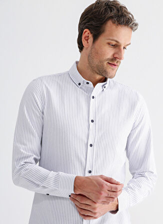 Fabrika Basic Gömlek Yaka Çizgili Lacivert Erkek Gömlek MYDOS 102