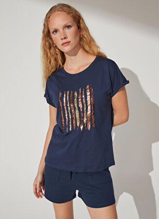 Fabrika Comfort Bisiklet Yaka Payetli Lacivert Kadın T-Shirt CM-LEAN