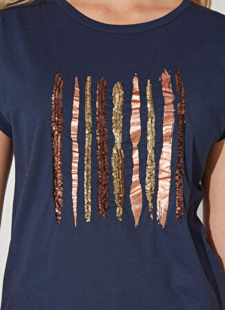 Fabrika Comfort Bisiklet Yaka Payetli Lacivert Kadın T-Shirt CM-LEAN