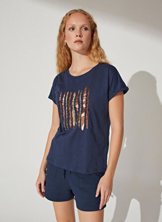 Fabrika Comfort Bisiklet Yaka Payetli Lacivert Kadın T-Shirt CM-LEAN