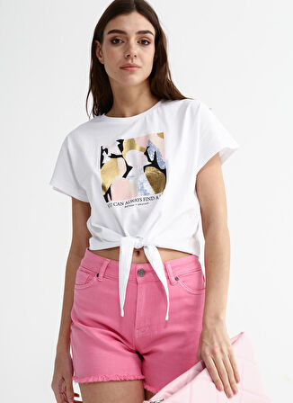 Fabrika Bisiklet Yaka Baskılı Beyaz Kadın T-Shirt ARNOLI