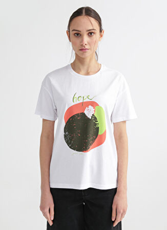 Fabrika Comfort Bisiklet Yaka Varaklı Beyaz Kadın T-Shirt CM-ROMEN