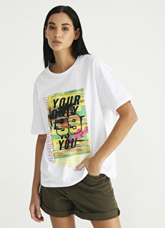 Fabrika Sports Bisiklet Yaka Baskılı Beyaz Kadın T-Shirt S-SUMERE