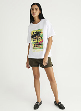 Fabrika Sports Bisiklet Yaka Baskılı Beyaz Kadın T-Shirt S-SUMERE