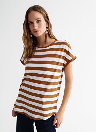 Bisiklet Yaka Çizgili Beyaz - Bej Kadın T-Shirt CM-HERMAN