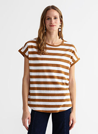 Bisiklet Yaka Çizgili Beyaz - Bej Kadın T-Shirt CM-HERMAN