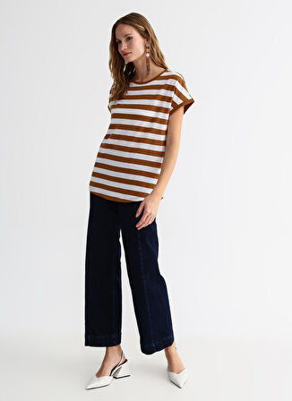 Bisiklet Yaka Çizgili Beyaz - Bej Kadın T-Shirt CM-HERMAN