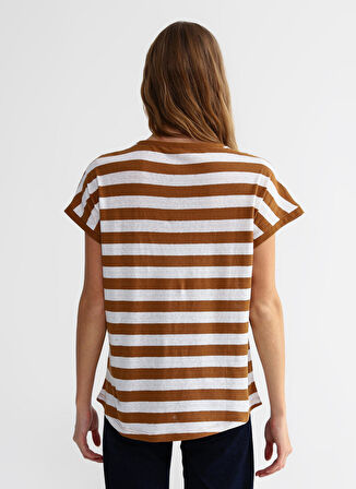 Bisiklet Yaka Çizgili Beyaz - Bej Kadın T-Shirt CM-HERMAN