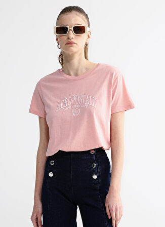 Aeropostale Bisiklet Yaka Nakışlı Açık Pembe Kadın T-Shirt K-6139