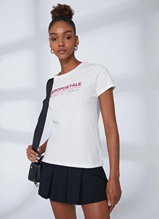 Aeropostale Bisiklet Yaka Nakışlı Kırık Beyaz Kadın T-Shirt K-5847