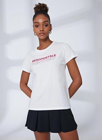 Aeropostale Bisiklet Yaka Nakışlı Kırık Beyaz Kadın T-Shirt K-5847