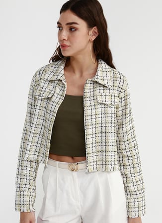 Fabrika Crop Beyaz - Yeşil Kadın Ceket HETTA