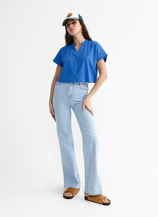 Fabrika Crop Kaçık Yaka Düz Çivit Kadın Gömlek SOMMER