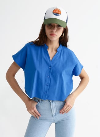 Fabrika Crop Kaçık Yaka Düz Çivit Kadın Gömlek SOMMER