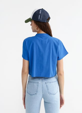 Fabrika Crop Kaçık Yaka Düz Çivit Kadın Gömlek SOMMER