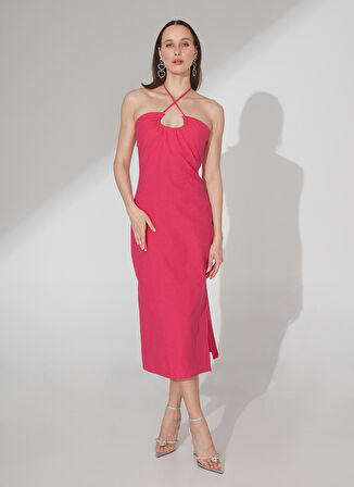 Fabrika V Yaka Düz Fuşya Midi Kadın Elbise ESTO