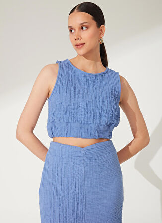 Fabrika Bisiklet Yaka Armürlü Mavi Kadın Bluz MINTI