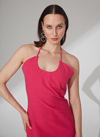 Fabrika V Yaka Düz Fuşya Midi Kadın Elbise ESTO