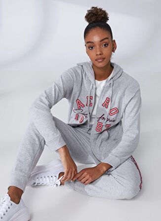 Aeropostale Kapüşon Yaka Nakışlı Gri Melanj Kadın Sweatshırt K-3146