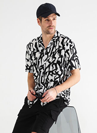 Black On Black Loose Fit Gömlek Yaka Desenli Siyah - Beyaz Erkek Gömlek E-KAIEN