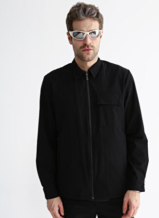 Black On Black Loose Fit Gömlek Yaka Düz Siyah Erkek Gömlek E-MALISE