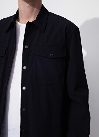 Loose Fit Gömlek Yaka Düz Siyah Erkek Gömlek E-MELASIN