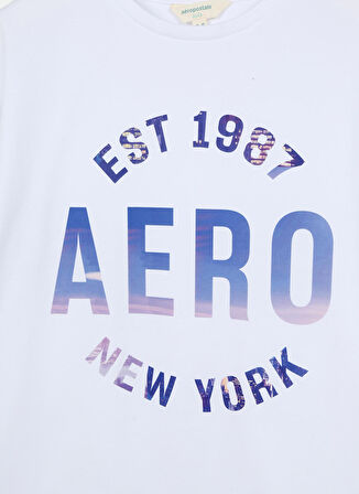 Aeropostale Ekru Kız Çocuk Bisiklet Yaka Düşük Omuz Oversize Baskılı T-Shirt 23SAG-03